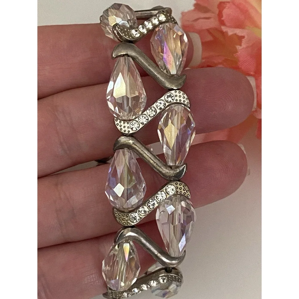 Vintage Silvertone‎ Faceted Beaded Sparkly Rhinestones Stretch Bracelet Sparkle